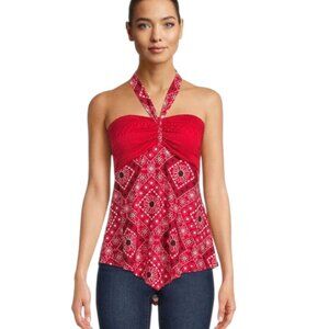 Juniors XL No Boundaries Red Crochet Trim Halter Top with Hanky Hem Smocked Back